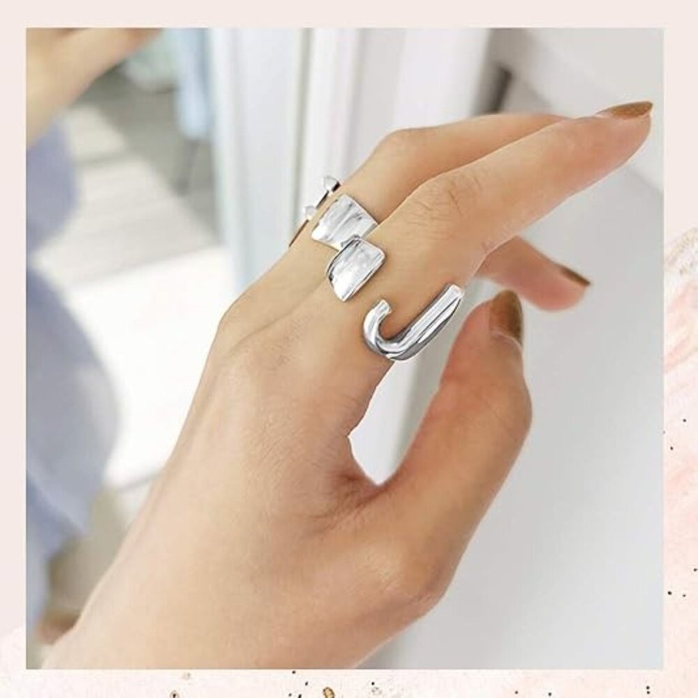 Letter J Initial Silver Rings Adjustable Gold Sta… - image 2